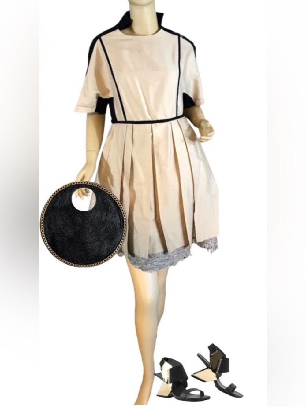NUOVO BORGO ITALIAN A-LINE KHAKI & BLACK LINEN BLEND CREW NECK DRESS (42)